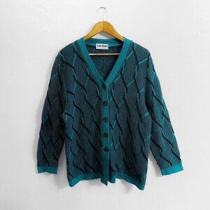Vintage 90s 3D Knit Patterned Grunge Blue Black Cardigan Grandpa Sweater XL